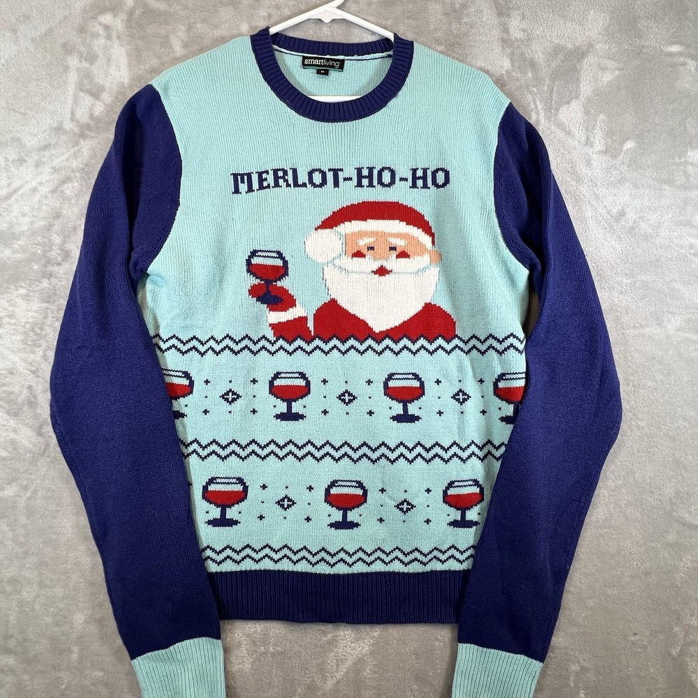 Ugly Christmas Sweater Blue "Merlot‎ Ho Ho"  Drunk Santa Wine Women's Medium